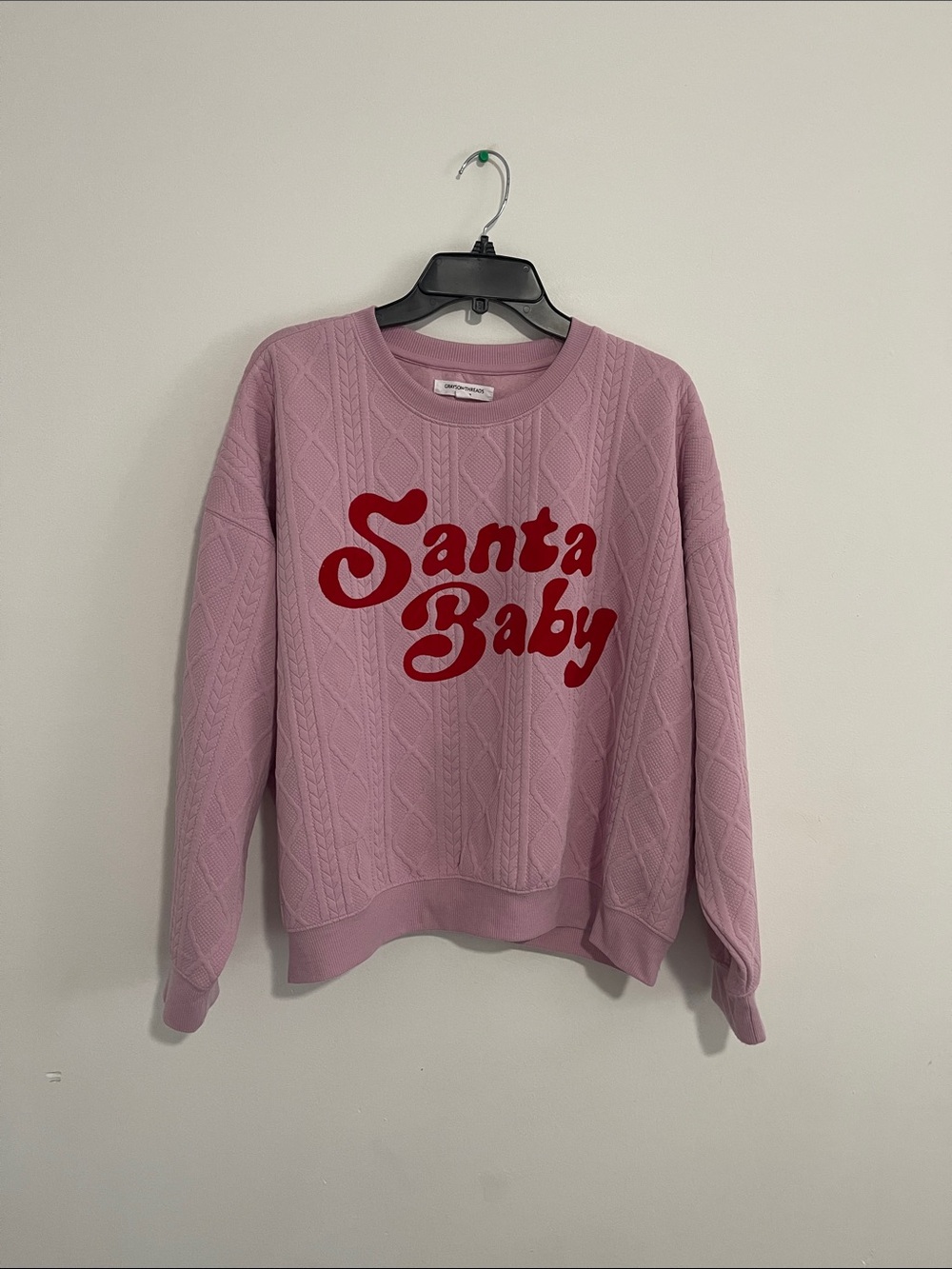Grayson Threads Pink Cable Knit Sweatshirt with Red Script
